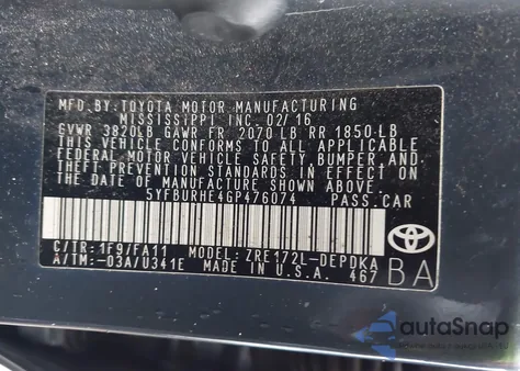 2016 Toyota Corolla L из США, поврежденный, VIN 5YFBURHE4GP476074